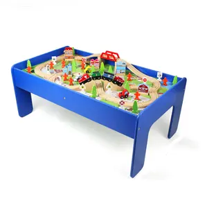 Hot sale 90 PCS wooden train track toys with table wooden table train track toys set children wooden rail train table