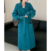 Dernier printemps automne hiver nouveauté mode dame col châle coupe ample poitrine ouverte longue ceinture manteau pull
