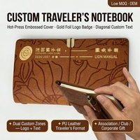 Carnet de voyage personnalisé en cuir PU avec couverture gaufrée, impression à chaud dorée, bloc de texte diagonal, reliure à clip latéral, kraft naturel