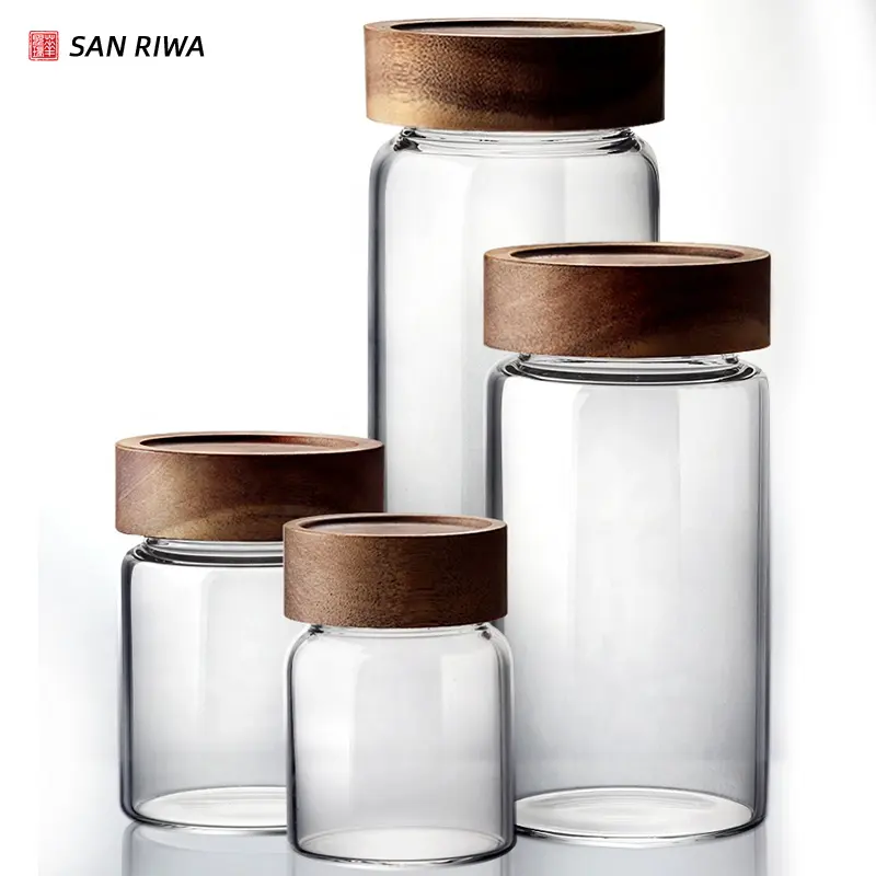 Glass Food Storage Containers Set Airtight Food Jars with Wooden Lids Kitchen Canisters For Sugar Candy Cookie Rice and Spice J