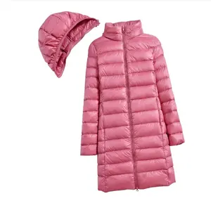 2023 캐주얼 슬림 제거 후드 의류 스톡 여성의 겨울 코트 다운 울트라 라이트 얇은 따뜻한 단색 재킷 긴 재킷