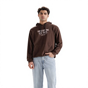 Sudadera con Capucha Marrón para Hombre, Corte Regular, Tejido de Punto, Color Sólido, Informal, con Bolsillo y Estampado de Letras, 300g, para Otoño - Product Image 1