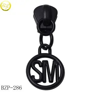 Custom creative zipper round tags design matte black hollow letter zipper slider pull tabs for tote bags