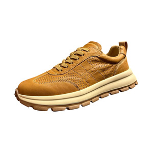 Baskets rétro en cuir ajouré respirant pour hommes, à talon moyen, pour usage quotidien, couleurs unies jaune, marron, blanc, noir, avec lacets avant - Product Image 1