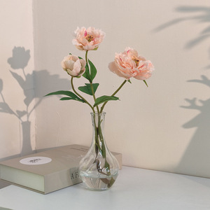 Bouquet de pivoines artificielles en soie, fleurs à trois têtes, vase en verre, décoration moderne pour la maison, accessoire de mariage - Product Image 2