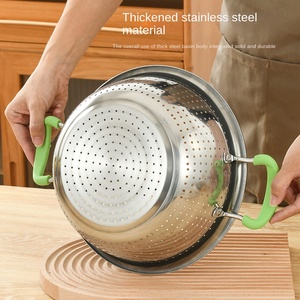 Bassin de cuisine <span class=keywords><strong>en</strong></span> acier inoxydable <span class=keywords><strong>Passoire</strong></span> à trous denses pour le lavage du riz et la vaisselle Panier binaural avec poignée - Product Image 2