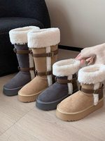 Sepatu Bot Salju Platform Wanita 2025 Musim Dingin Model Baru Setengah Betis Suede Kerah Bulu Keriting Sabuk Berlapis Bulu Domba Buatan Sol Tengah