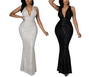 Elegant Slim V Neck Backless Long Dress Ball Gown Sequined Women's Party Black White Evening Dresses for Ladies