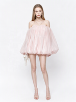 Robe courte rose blush pour femme, à épaules dénudées et manches bouffantes, en mousseline de soie, avec décolleté cœur et ourlet bouffant, idéale pour les anniversaires et les soirées cocktail