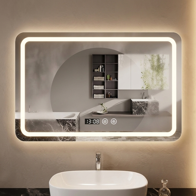 Modern Wall-Mounted Smart Mirror Touch Sensor LED Lighting Defogging Touch Switch for Bathroom Hall Use Stainless Frame Chrome