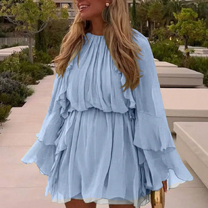 Light Blue Ruffle Tiered Chiffon <b>Dress</b> O-Neck Loose Fit Mini <b>Boho</b> <b>Summer</b> Casual <b>Dress</b> - Product Image 1