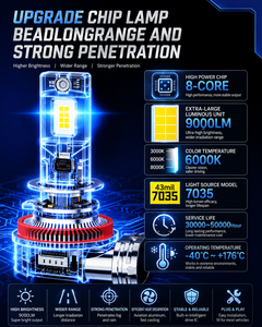 슈퍼 브라이트 LED 헤드라이트 전구 H11 9005 9006 60W 9000LM 6000K 화이트 자동차 LED 라이트 팩 2개 - Product Image 2