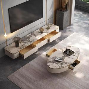 Set di mobili da salotto di lusso con struttura in acciaio inox nuovo tavolino in <span class=keywords><strong>pelle</strong></span> cassetto TV mobile con <span class=keywords><strong>centro</strong></span> in marmo - Product Image 6