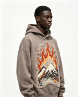 Veste streetwear personnalisée imprimée Kornit, écologique, respirante, 300g, effet délavé soleil, motif flamme montagne, délavée à l'acide, effet spray sale