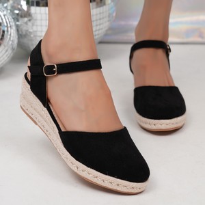 Sandales compensées en daim noir à bout fermé, plateforme, semelle extérieure en paille, fermeture à boucle, chaussures d'été pour femmes - Product Image 3
