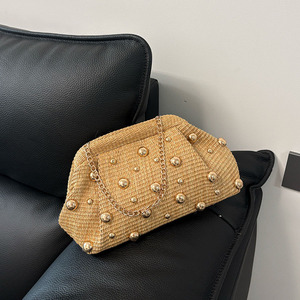 Fashion Women's Woven <b>Straw</b> Handbag Chain Crossbody Shoulder <b>Bag</b> with Rivet Decoration - Product Image 6