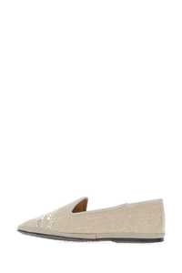 Hot Selling Designer Lemargot Sophie Beige Canvas Ballerinas Flat Shoes Pearls and Crystals Details on the <b>Toe</b> <b>Cap</b> - Product Image 2