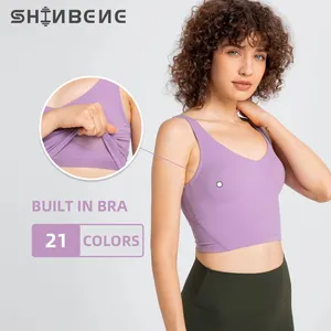 SHINBENE özel Logo V boyun spor Yoga kırpma üst sutyen kadın spor egzersiz Tank Top artı boyutu ile sutyen
