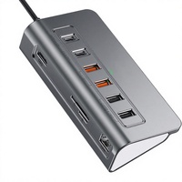 Base de Conexión USB-C con 10 Puertos (2x USB 3.2, 2x USB 2.0, SD/TF), Ethernet 2.0 de 1Gbps, PD 100W, 4K*60Hz, Aluminio, en Stock