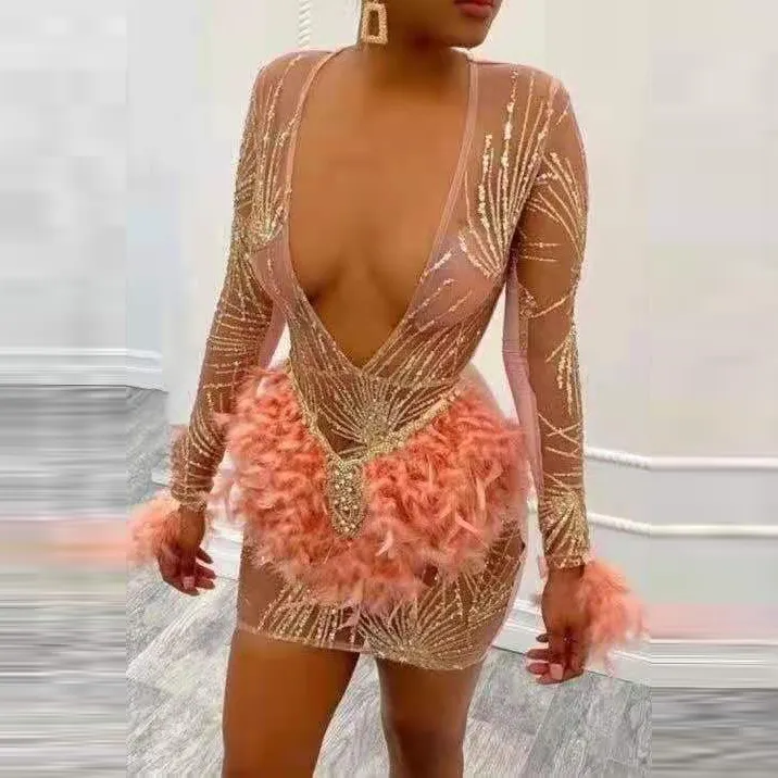 Vestido ajustado transparente con escote en V profundo para mujer, traje Sexy de plumas rosas para baile y actuaciones, verano 2021