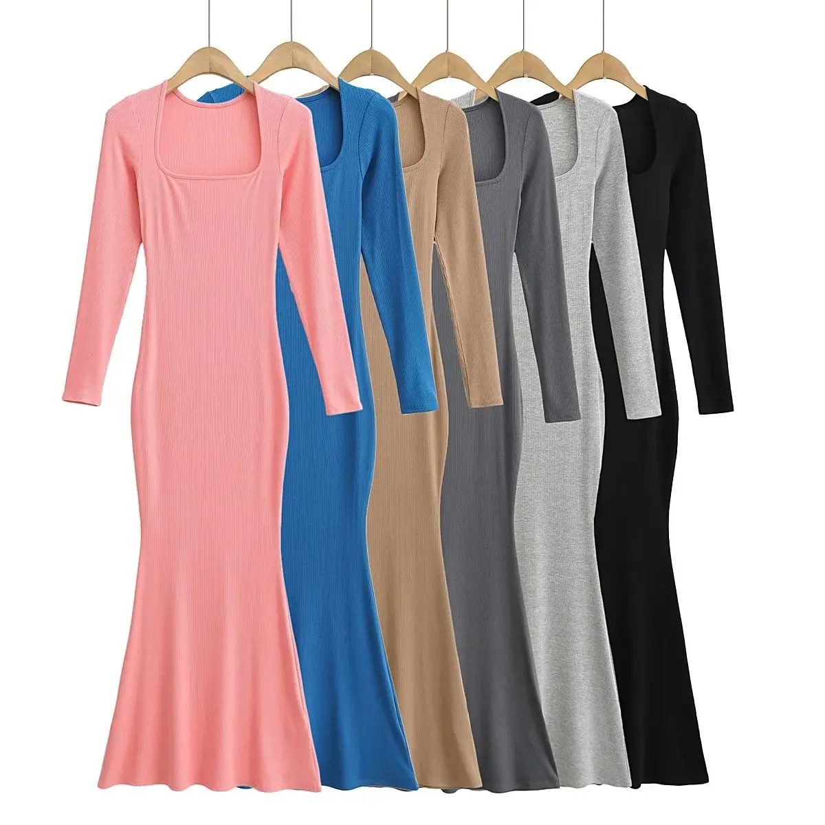 Gebreide Jurken Dames Elegante Ronde Hals Stretch Slim Fit Zeemeermin Casual Club Lange Mouw Bodycon Fishtail Zoom Party Maxi Rok