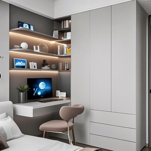 Stylish Modern Minimalist <b>Wood</b> Bedroom Set <b>Wardrobe</b> with Desk and Bookshelf for Apartment and Villa - Product Image 5