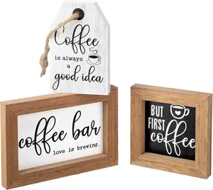 3件迷你咖啡吧木牌表复古厨房木牌农舍但第一咖啡墙装饰木制空白标牌
