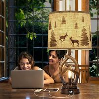 Antlers Style Vintage Rustique Lampes De Chevet 3 Voies Dimmable Veilleuse Lin Tissu Abat-Jour Ferme Table De Chevet Lampes Ports USB