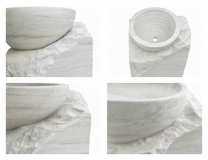 Poulars En gros Lavabo de luxe mural en pierre naturelle et pierre artificielle, avec piédestal, pour lavage des mains, en marbre blanc et bois - Product Image 3