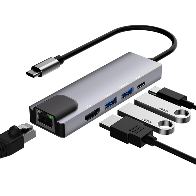 Hot Selling Aluminum Alloy Type C to HDTV 5 in 1 USB 3.0 Hub Portable USB C RJ45 PD Docking Station for MacBook Pro Air