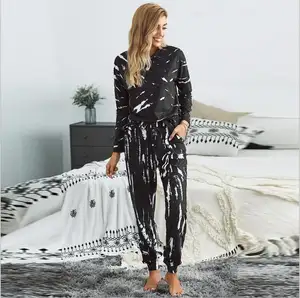 2020 kadın kravat boya baskılı PJ setleri gecelik Loungewear uzun kollu üstleri pantolon uzun pijama Set Joggers