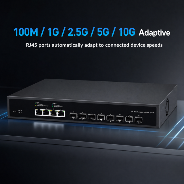Intelligent Web Managed Switch 4 Port 10G RJ45 8 SFP Uplink for High Speed Fiber Copper Network System