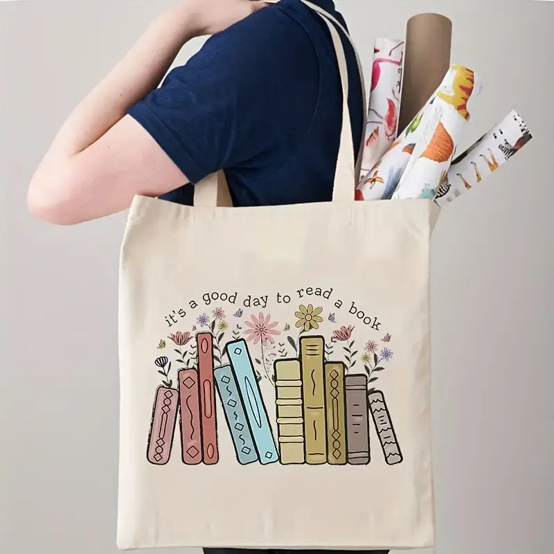 1 pc c'est une bonne journée pour lire un livre motif fourre-tout sac à bandoulière personnalisé en toile pour le voyage sac à provisions réutilisable pour femmes