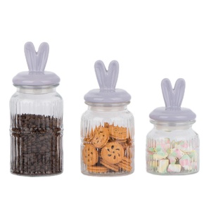 Lọ thủy tinh với Gốm Thỏ hình dạng nắp và dập nổi đường thẳng đứng cho <span class=keywords><strong>Cookie</strong></span> hạt cà phê - Product Image 1