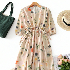 Floral Print Chiffon Midi Dress V-Neck <b>Three</b> Quarter Sleeve A-Line Loose Fit Casual Summer Dress With Drawstring Waist - Product Image 6