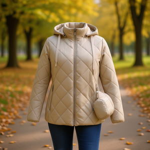 HDJ Plus Size Quilted Jacket <b>Women</b> Hooded Zipper Cotton Filling Autumn Wear Regular Length Full Sleeve Solid Color - Product Image 2