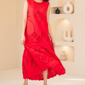 Vestido de Lino y Algodón a la Moda, Cuello Redondo, Casual, Sin Mangas, Bordado, Midi, Vestido de Verano para Mujer - Product Image 1