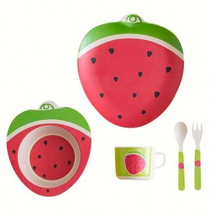 Vaisselle écologique de haute qualité, biodégradable, en fibre de bambou pour enfants, assiette, bol, tasse et couverts en forme de fraise - Product Image 1