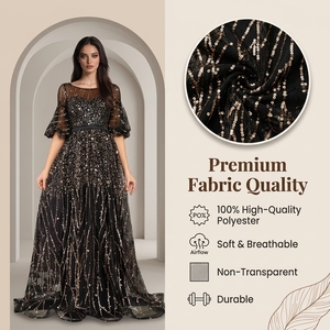 Elegante Vestido de Noche Negro con Lentejuelas, Encaje y Mangas Abullonadas Transparentes, Vestido Largo para Banquete, Fiesta, Boutique, Ocasión Formal - Product Image 3