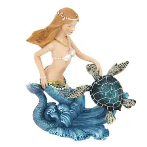 树脂性感动漫树脂图蓝色尾美人鱼和海龟雕像与贝壳 8.5 高