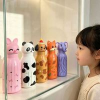 Bouteille d'eau isotherme portable en acier inoxydable avec tête d'animal 3D, mignonne et anti-fuite, avec couvercle et paille pour enfants et filles