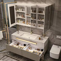 Meuble-lavabo de salle de bain sur pied personnalisé, de luxe, en PVC cannelé, avec fermeture amortie, bordure dorée, double vasque et armoire miroir