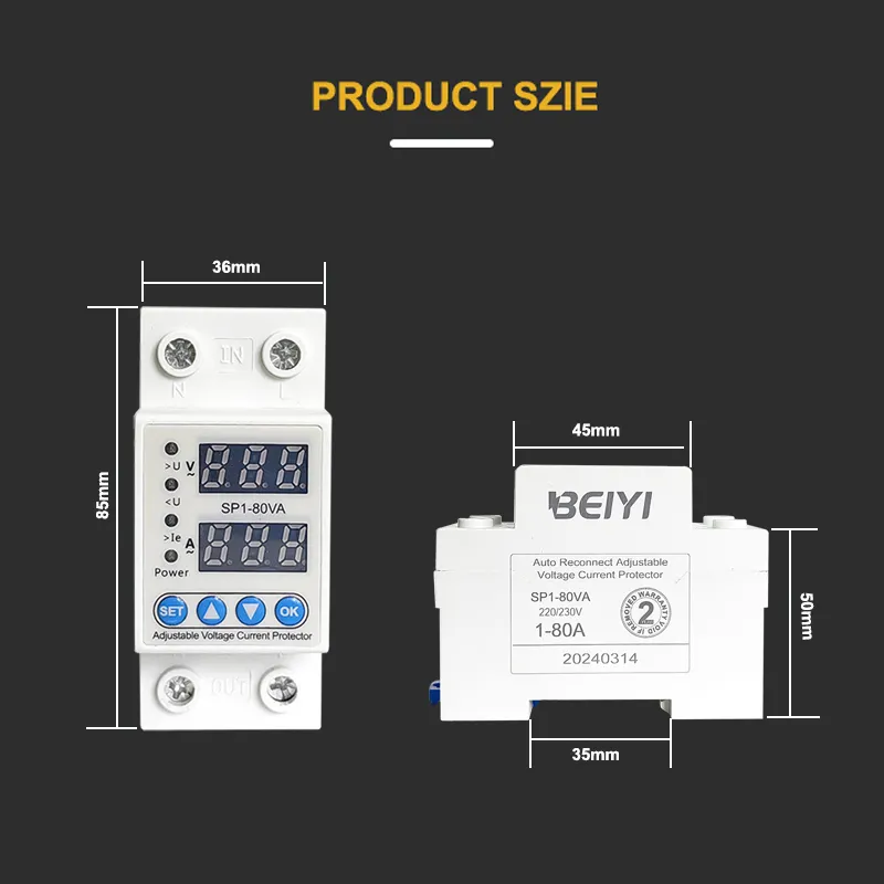 Haute qualité auto-récupération monophasé 220v 230v 80a sur et sous le dispositif de protection de tension réglable de courant