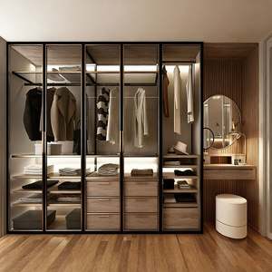 Armoire en verre de luxe haut de gamme avec cadre en or, ensemble de coiffeuse personnalisé, dressing avec éclairage LED et tiroirs - Product Image 6