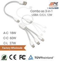 Câble USB modulaire OEM 3-en-1 détachable à charge rapide, en cuivre pur, 1,2 m, en nylon, avec logo personnalisé, vente en gros, cordons PD Type-C