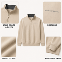 Sudadera Personalizada Beige de Algodón Premium con Cierre de Cremallera, Cuello Alto, Logotipo en el Pecho, Ribete Acanalado, Sudadera Casual Minimalista para Hombre