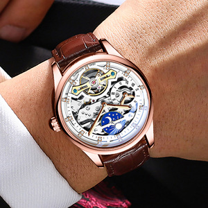 Binbond Men's Skeleton Mechanical Watch 44mm Automatic Tourbillon Dual Time Zone Leather Strap Round Dial - Product Image 3