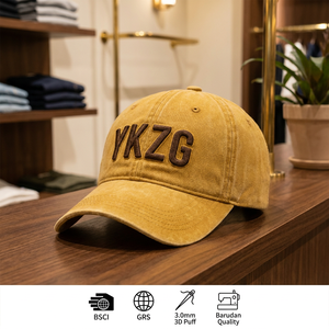 หมวกแก๊ปทรงแด๊ดฮัทสีเหลืองมัสตาร์ดแบบวินเทจ ยี่ห้อ YKZG ผ้าฝ้ายฟอกสี แต่งขาดสไตล์สตรีทแวร์ พรีเมียม ขายส่ง - Product Image 3