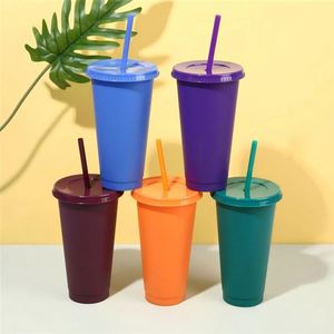 Nouveau coffret cadeau de voyage, gobelets à café glacé réutilisables en plastique rigide de 16 oz et 24 oz, couleur unie, pour boire directement, avec couvercle et paille - Product Image 3