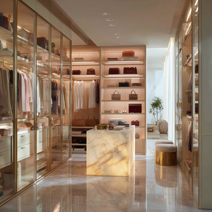 Sistema de Armario Moderno con Vestidor, Isla, Estantes Abiertos y Almacenamiento en Cajones para Diseños de Interiores Personalizados - Product Image 1